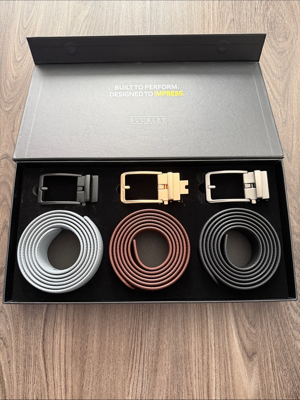 Buckley Men’s 3-Pack Leather Belt Set - Black, Brown & Light Gray